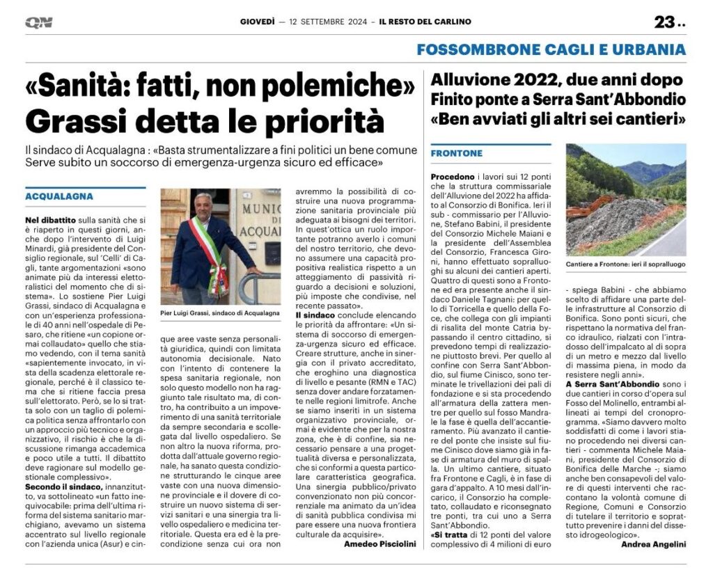Articolo di giornale Grassi Pier Luigi Sindaco di Acqualagna detta le priorità sulla sanità