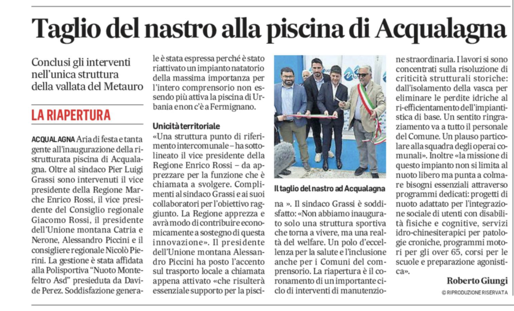 Articolo Corriere adriatico riapertura piscina comunale Acqualagna Pierluigi Grassi